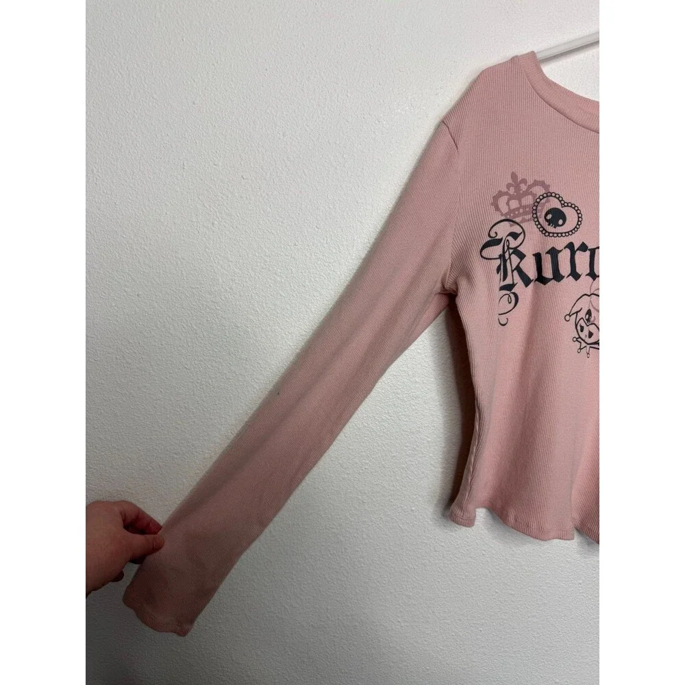 H&M Girls 14 Kuromi Jersey Top Pink Ribbed Long Sleeve Round Neck Slim Fit